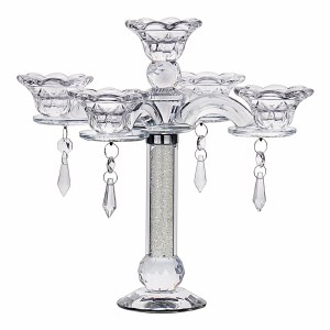 Picture of Crystal Candelabra 5 Branch Flower Cup Design with Crushed Crystals in Stem Accented with Hanging Medallions Round Base 9.8"